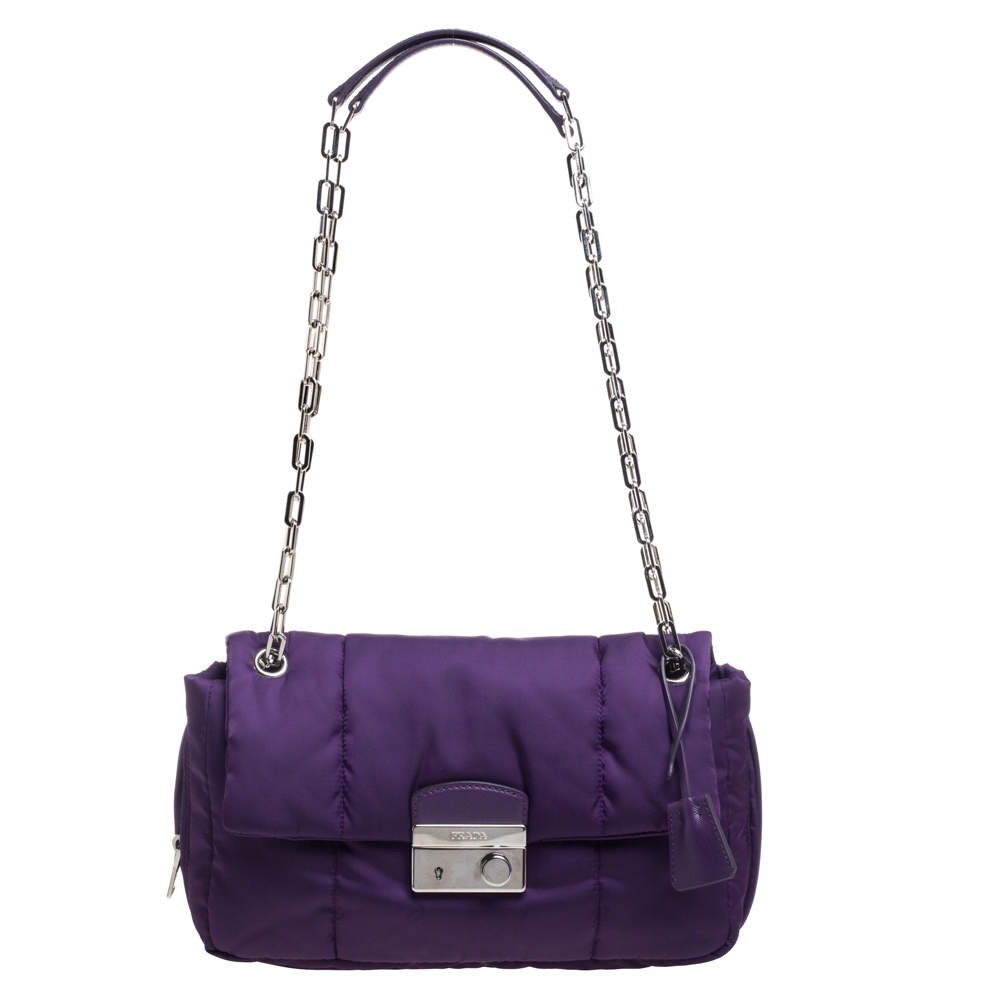 Authentic Prada Tessuto Nylon Bomber Flap Chain Shoulder Bag Purple